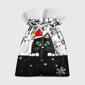 Подарочный 3D мешок с принтом Новогодний кот в колпаке Санты в Рязани, 100% полиэстер | Размер: 29*39 см | black cat | cat | christmas | kitten | kitty | merry christmas | new year | new year cat | santa | snow | snowflakes | winter | зима | киска | колпак | кот | котенок | кошак | новогодний кот | новый год | подарок | рождество | санта | снег 