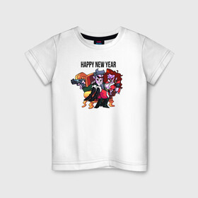 Детская футболка хлопок с принтом Happy New Year FNF в Рязани, 100% хлопок | круглый вырез горловины, полуприлегающий силуэт, длина до линии бедер | игра | кресло | надпись | персонажи | пистолет