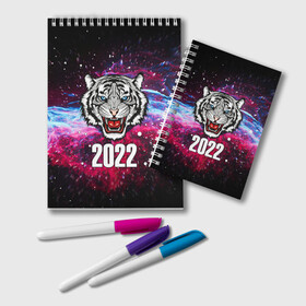 Блокнот с принтом ЧЁРНЫЙ ТИГР НОВЫЙ ГОД 2022   GRAY TIGER NEW YEAR в Рязани, 100% бумага | 48 листов, плотность листов — 60 г/м2, плотность картонной обложки — 250 г/м2. Листы скреплены удобной пружинной спиралью. Цвет линий — светло-серый
 | 2022 | beast | merry christmas | new year | red bow | santa hat | snow | tiger | winter | winter is coming | year of the tiger | год тигра | дед мороз | животные | звери | зверь | зима | зима 2022 | зима близко | новог | новогодни