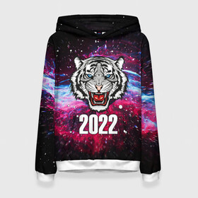 Женская толстовка 3D с принтом ЧЁРНЫЙ ТИГР НОВЫЙ ГОД 2022   GRAY TIGER NEW YEAR в Рязани, 100% полиэстер  | двухслойный капюшон со шнурком для регулировки, мягкие манжеты на рукавах и по низу толстовки, спереди карман-кенгуру с мягким внутренним слоем. | 2022 | beast | merry christmas | new year | red bow | santa hat | snow | tiger | winter | winter is coming | year of the tiger | год тигра | дед мороз | животные | звери | зверь | зима | зима 2022 | зима близко | новог | новогодни