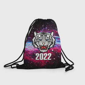 Рюкзак-мешок 3D с принтом ЧЁРНЫЙ ТИГР НОВЫЙ ГОД 2022   GRAY TIGER NEW YEAR в Рязани, 100% полиэстер | плотность ткани — 200 г/м2, размер — 35 х 45 см; лямки — толстые шнурки, застежка на шнуровке, без карманов и подкладки | 2022 | beast | merry christmas | new year | red bow | santa hat | snow | tiger | winter | winter is coming | year of the tiger | год тигра | дед мороз | животные | звери | зверь | зима | зима 2022 | зима близко | новог | новогодни