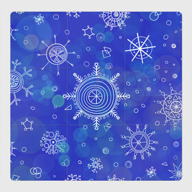 Магнитный плакат 3Х3 с принтом Белые простые снежинки на синем фоне в Рязани, Полимерный материал с магнитным слоем | 9 деталей размером 9*9 см | белые снежинки | зимний | зимний паттерн | новогодний | паттерн со снежинками | светящееся снежинки | синий фон | снегопад | снегопад на синем фоне | снежинки | снежинки карандашом