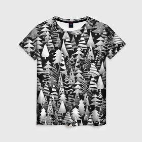 Женская футболка 3D с принтом Лес абстрактных ёлок в Рязани, 100% полиэфир ( синтетическое хлопкоподобное полотно) | прямой крой, круглый вырез горловины, длина до линии бедер | абстракция | ёлка | ель | лес | новогодний | новый год | паттерн | рождество | снег | снежинки | чернобелый