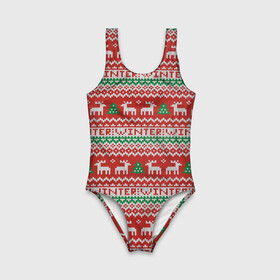 Детский купальник 3D с принтом Deer Christmas Pattern в Рязани, Полиэстер 85%, Спандекс 15% | Слитный крой, подклад по переду изделия, узкие бретели | background | christmas | christmas pattern | deer | herringbone | holiday | knitted pattern | new year | pattern | texture | tree | вязаный узор | елка | елочка | новогодний узор | новый год | олени | паттерн | праздник | рождество | текстура | узор | фон