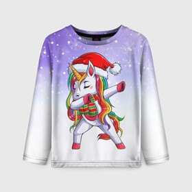 Детский лонгслив 3D с принтом Xmas Unicorn Dabbing   Рождественский Единорог Даб в Рязани, 100% полиэстер | длинные рукава, круглый вырез горловины, полуприлегающий силуэт
 | christmas | dabbing | santa | unicorn | даббинг | дед мороз | единорог | зима | новый год | радуга | радужный | рождество | санта | снег | снежинка | юникорн