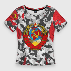 Женская футболка 3D Slim с принтом USSR (camouflage) в Рязани,  |  | camouflage | coat of arms | khaki | patriot | red machine | russia | russian | tourist | ussr | герб | камуфляж | красная машина | патриот | россия | русский | ссср | турист | хаки