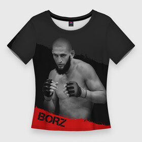 Женская футболка 3D Slim с принтом Borz. в Рязани,  |  | borz | боец | волк | мужчина | надпись | полосы | стойка | чимаев