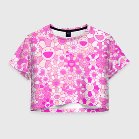 Женская футболка Crop-top 3D с принтом MURAKAMI PINK МУРАКАМИ РОЗОВЫЙ в Рязани, 100% полиэстер | круглая горловина, длина футболки до линии талии, рукава с отворотами | cute flowers | flower superflat | flowers | murakami | pop art | superflat | takashi murakami | милые цветочки | мураками | ромашки | такаси мураками | такаши мураками | цветочки | цветы