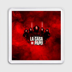 Магнит 55*55 с принтом БУМАЖНЫЙ ДОМ - LA CASA DE PAPEL - BELLA CIAO в Рязани, Пластик | Размер: 65*65 мм; Размер печати: 55*55 мм | Тематика изображения на принте: bella ciao | la casa de papel | бумажный дом | ла каса де | ла каса де папель | ла каса де пепел | лакаса | сериал | фильм