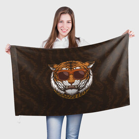 Флаг 3D с принтом Крутой тигр в очках с цепью в Рязани, 100% полиэстер | плотность ткани — 95 г/м2, размер — 67 х 109 см. Принт наносится с одной стороны | furry | tiger | восточный тигр | год тигра | голова | кошка | тигр | тигренок | фурри | хищник