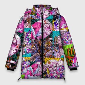 Женская зимняя куртка Oversize с принтом JOJO KILLER QUEEN КОРОЛЕВА УБИЙЦА УЗОР PATTERN в Рязани, верх — 100% полиэстер; подкладка — 100% полиэстер; утеплитель — 100% полиэстер | длина ниже бедра, силуэт Оверсайз. Есть воротник-стойка, отстегивающийся капюшон и ветрозащитная планка. 

Боковые карманы с листочкой на кнопках и внутренний карман на молнии | Тематика изображения на принте: adventure | jojo | jojos bizarre | jojos bizarre adventure | killer queen | yare yare daze | аниме | джоджо | манга | яре яре дазе