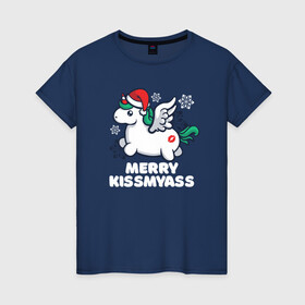 Женская футболка хлопок с принтом Merry Kissmyass | Unicorn в Рязани, 100% хлопок | прямой крой, круглый вырез горловины, длина до линии бедер, слегка спущенное плечо | 2022 | 2022 год | happy new year | santa | год тигра | дед мороз | каникулы | мороз | новогодний свитер | новый год | новый год 2022 | новый год тигра | оливье | праздник | рождество | санта клаус | свитер новогодний