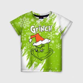 Детская футболка 3D с принтом Grinch Green. в Рязани, 100% гипоаллергенный полиэфир | прямой крой, круглый вырез горловины, длина до линии бедер, чуть спущенное плечо, ткань немного тянется | Тематика изображения на принте: 2022 | grinch | happy new year | merry christmas | год тигра | гринч | зима близко | нг | новогодний | новый год | новый год 2022 | рождество | снег | снежинки