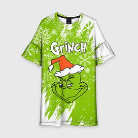 Детское платье 3D с принтом Grinch Green. в Рязани, 100% полиэстер | прямой силуэт, чуть расширенный к низу. Круглая горловина, на рукавах — воланы | Тематика изображения на принте: 2022 | grinch | happy new year | merry christmas | год тигра | гринч | зима близко | нг | новогодний | новый год | новый год 2022 | рождество | снег | снежинки