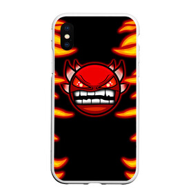 Чехол для iPhone XS Max матовый с принтом Geometry Dash Smiley demon в Рязани, Силикон | Область печати: задняя сторона чехла, без боковых панелей | angry | crazy | demon | devil | evil | fire | geometry dash | icons | robtop | smile | геомерия даш | геометри деш | геометри дэш | геометрия дэш | демон | злой смайл | игра геометрия дэш | иконки | огненный | огонь | пламя | платформер