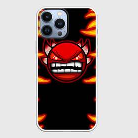 Чехол для iPhone 13 Pro Max с принтом Geometry Dash Smiley demon в Рязани,  |  | Тематика изображения на принте: angry | crazy | demon | devil | evil | fire | geometry dash | icons | robtop | smile | геомерия даш | геометри деш | геометри дэш | геометрия дэш | демон | злой смайл | игра геометрия дэш | иконки | огненный | огонь | пламя | платформер