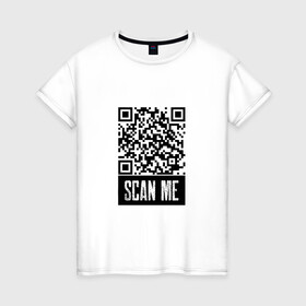 Женская футболка хлопок с принтом QR Scan в Рязани, 100% хлопок | прямой крой, круглый вырез горловины, длина до линии бедер, слегка спущенное плечо | coronavirus | covid | covid19 | qr code | qr код | sputnik | вакцина | вакцинация | вирус | здоровье | изоляция | иммунитет | карантин | ковид | код | корона | коронавирус | маркировка | маска | пандемия | паспорт | прививка