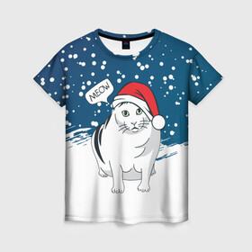 Женская футболка 3D с принтом НОВОГОДНИЙ КОТ БЕНДЕР (МЕМ) в Рязани, 100% полиэфир ( синтетическое хлопкоподобное полотно) | прямой крой, круглый вырез горловины, длина до линии бедер | 2022 | 22 | bender | cat | christmas | meme | memes | meow | merry | new | snow | winter | year | бендер | год | зима | кот | кошка | мем | мемы | мяй | новый | рождество | снег | толстый