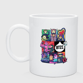 Кружка керамическая с принтом BT21 POP ART в Рязани, керамика | объем — 330 мл, диаметр — 80 мм. Принт наносится на бока кружки, можно сделать два разных изображения | Тематика изображения на принте: bangtan | beyond | boys | boysband | bts | hip hop | k pop | korea | music | pop art | scene | бтс | ви | джонгук | корея | музыка | поп арт | сюга | хип хоп | чимин | чин