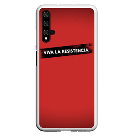 Чехол для Honor 20 с принтом VIVA LA RESISTENCIA в Рязани, Силикон | Область печати: задняя сторона чехла, без боковых панелей | Тематика изображения на принте: bella | bells | casa | ciao | de | el | jingle | la | moscow | netflix | papel | professor | resistencia | tokio | viva | бумажный | дом | профессор