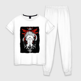 Женская пижама хлопок с принтом ЗАКЛИНАНИЕ ИТАДОРИ, СУКУНА в Рязани, 100% хлопок | брюки и футболка прямого кроя, без карманов, на брюках мягкая резинка на поясе и по низу штанин | anime | japan | japanese | jujutsu | jujutsu kaisen | kaisen | sukuna | tattoo | аниме | двуликий призрак | иероглифы | инумаки | итадори | итадори юдзи | магическая битва | нобара | панда | рёмен | рёмен сукуна | сатору | сукуна