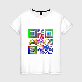 Женская футболка хлопок с принтом Color QR в Рязани, 100% хлопок | прямой крой, круглый вырез горловины, длина до линии бедер, слегка спущенное плечо | coronavirus | covid | covid19 | qr code | qr код | sputnik | вакцина | вакцинация | вирус | здоровье | изоляция | иммунитет | карантин | ковид | код | корона | коронавирус | маркировка | маска | матрица | п | пандемия