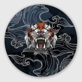 Круглый коврик для мышки с принтом Рычащий Тигр в японском стиле в Рязани, резина и полиэстер | круглая форма, изображение наносится на всю лицевую часть | волны | символ года | тигр | хищник | япония
