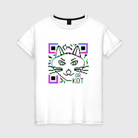Женская футболка хлопок с принтом QR-Кот 3D в Рязани, 100% хлопок | прямой крой, круглый вырез горловины, длина до линии бедер, слегка спущенное плечо | 3d | 3д | qr код | qr кот | ковид | кот | кошка | кьюар код | кьюард кот | мемы qr | мемы кот | прикол