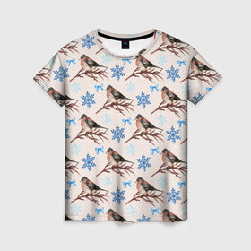 Женская футболка 3D с принтом Снегири зима в Рязани, 100% полиэфир ( синтетическое хлопкоподобное полотно) | прямой крой, круглый вырез горловины, длина до линии бедер | зима | зимняя птица | новый год | ноговодняя | птица | птичка | снегирь | холод