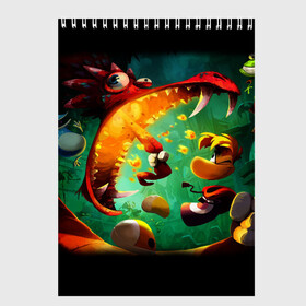 Скетчбук с принтом Rayman Legend в Рязани, 100% бумага
 | 48 листов, плотность листов — 100 г/м2, плотность картонной обложки — 250 г/м2. Листы скреплены сверху удобной пружинной спиралью | аркада | дракон | игра | кулак | рейман