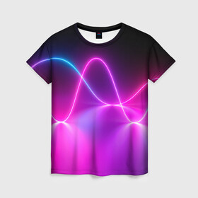 Женская футболка 3D с принтом Лучи света pink theme в Рязани, 100% полиэфир ( синтетическое хлопкоподобное полотно) | прямой крой, круглый вырез горловины, длина до линии бедер | абстрактные | волна | волна света | излучение | киберпанк | лучи | лучи света | неон | неоновые принты | рисунок | свет