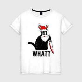 Женская футболка хлопок с принтом НОВОГОДНИЙ WHAT CAT в Рязани, 100% хлопок | прямой крой, круглый вырез горловины, длина до линии бедер, слегка спущенное плечо | 2022 | cat | cats | christmas | cold | garland | klaus | mem | meme | memes | merry | new | santa | snow | what | winter | year | герлянды | гирлянда | год | зима | клаус | кот | котейка | котенок | котик | котэ | кошка | мем | мемы | мороз
