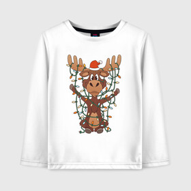 Детский лонгслив хлопок с принтом НОВОГОДНИЙ ОЛЕНЬ CHRISTMAS DEER в Рязани, 100% хлопок | круглый вырез горловины, полуприлегающий силуэт, длина до линии бедер | 2022 | christmas | cold | deer | klaus | mem | meme | memes | merry | new | santa | snow | what | winter | year | гирлянды | год | зима | клаус | мем | мемы | мороз | новый | олень | рождество | санта | снег | холод | что