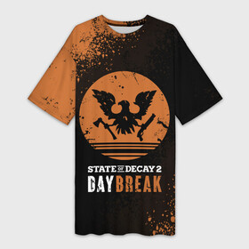 Платье-футболка 3D с принтом Day Break  State of Decay 2 в Рязани,  |  | Тематика изображения на принте: day break | daybreak | logo | state of decay | survival horror | undead labs | загнивающий штат | зомби апокалипсис | лого | логотип | стадия разложения | стейт оф декай | эмблема