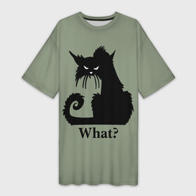 Платье-футболка 3D с принтом What Что в Рязани,  |  | black cat | cat | fearsome | halloween | question | silhouette | stern look | what | вопрос | кошка | силуэт | суровый взгляд | хеллоуин | черный кот | что