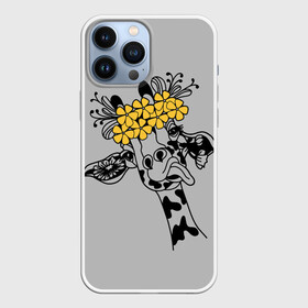 Чехол для iPhone 13 Pro Max с принтом Жираф показывает язык в Рязани,  |  | african | funny | giraffe | on the head | shows tongue | wreath | yellow flowers | африканский | венок | весёлый | жёлтые цветы | жираф | на голове | показывает | язык