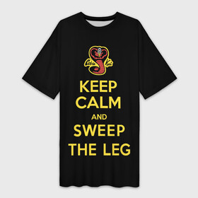 Платье-футболка 3D с принтом Keep calm and sweep the leg в Рязани,  |  | american | cobra kai | emblem | karate | keep calm and sweep the leg | logo | martial arts | royal slogan | snake | television series | американский | боевые искусства | змея | карате | кобра кай | королевский девиз | логотип | телесериал | 