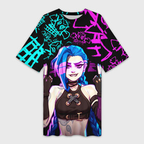 Платье-футболка 3D с принтом JINX  ДЖИНКС  NEON PATTERN в Рязани,  |  | akali | arcane | fan | fan art | hero | jinx | kda | kda mas | league of legends | lol | moba | neon | акали | аркейн | герой | джинкс | кда | лига легенд | лол | моба | неон