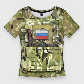 Женская футболка 3D Slim с принтом Бронежилет с боекомплектом в Рязани,  |  | армия | боекомплект | бронежилет | камуфляж | магазин акм | солдатский | флаг россии | шеврон | штык нож