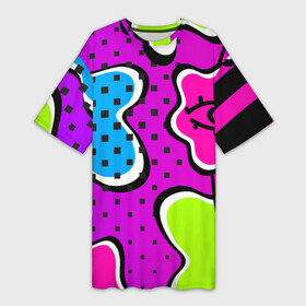 Платье-футболка 3D с принтом Яркий абстрактный узор в стиле 90х, неоновые цвета в Рязани,  |  | 90 | 90х | 90ые | pop art | амебы | геометрический | глаз | глаза | кислотные | кляксы | неон | неоновый | поп | поп арт | пятна | розовый | салатовый | сетка дот | яркий