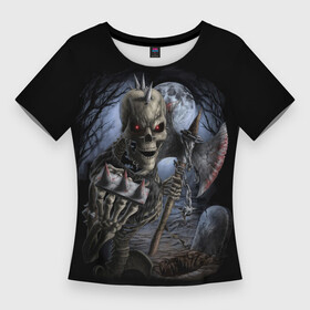 Женская футболка 3D Slim с принтом Территория кошмана в Рязани,  |  | готы | ночь | рок | скелет | тьма | ужас | хоррор | череп | эмо