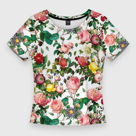 Женская футболка 3D Slim с принтом Узор из летних роз  Summer Roses Pattern в Рязани,  |  | bouquet | collage | floral | flower | leafs | roses | spring | sum | summertime | акварель | акварельные цветы | букет цветов | весна | зелень | коллаж | летние цветы | летний узор | лето | листья | пион | пионы | рисунок цветов | розы