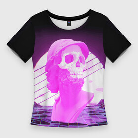 Женская футболка 3D Slim с принтом Vaporwave  Skull  Психоделика в Рязани,  |  | Тематика изображения на принте: mountains | psychedelic | skull | sun | vaporwave | горы | психоделика | солнце | череп