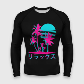 Мужской рашгард 3D с принтом Неоновые пальмы  Иероглифы  Neon Palm Tree в Рязани,  |  | aesthetics | blue | dawn | hieroglyphs | moon | neon | night | palm | pink | sun | sunset | tree | trees | twilight | закат | иероглифы | луна | неон | неоновые | ночь | пальма | пальмы | рассвет | розовый | сансет | солнце | сумерки | эстетика