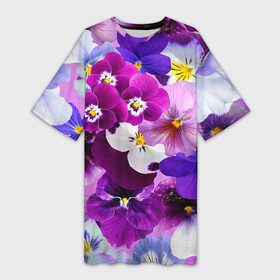 Платье-футболка 3D с принтом CHARMING PANSIES в Рязани,  |  | botanical | bouquet | floral | garden | gre | nature | pansies | pink | plant | spring | summer | yellow | анютины глазки | ботанический | букет | весна | желтый | зеленый | красивый | красочный | лето | лист | природа | растение | розовый