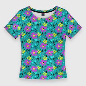 Женская футболка 3D Slim с принтом Яркий цветочный узор на бирюзовом фоне в Рязани,  |  | Тематика изображения на принте: бирюзовый | детский принт | летний узор | розовые цветы | цветочный узор | цветы | яркий розовый