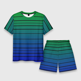Мужской костюм с шортами 3D с принтом Черные полосы на синем, зеленом градиенте в Рязани,  |  | Тематика изображения на принте: black stripes | blue | gradient | green | horizontal | lines | minimalism | ombre | simple | striped | stripes | горизонталь | градиент | зеленый | линии | минимализм | омбре | полосатый | полосы | простой | синий | черные полосы