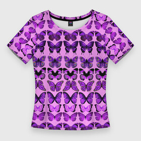 Женская футболка 3D Slim с принтом Purple butterflies в Рязани,  |  | background | beautiful | colorful | insect | pattern | wings | бабочки | красивый | красочные | крылья | насекомое | узор | фиолетовый | фон