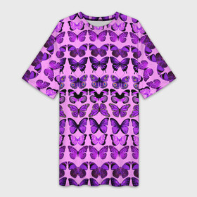 Платье-футболка 3D с принтом Purple butterflies в Рязани,  |  | background | beautiful | colorful | insect | pattern | wings | бабочки | красивый | красочные | крылья | насекомое | узор | фиолетовый | фон