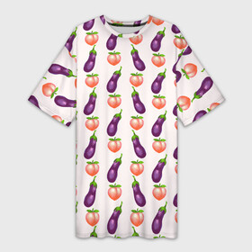Платье-футболка 3D с принтом Баклажаны и персики паттерн в Рязани,  |  | баклажан | баклажаны | веганство | еда | овощи | паттерн | персик | персики | фрукты